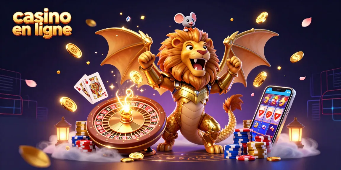 Illustration dynamique du casino en ligne avec chimère et mouse jockey, or et jeux de casino.