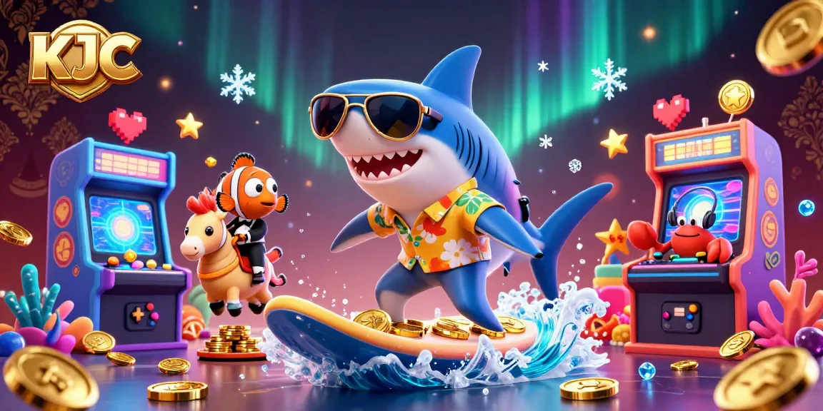KJC delivers an exciting gaming experience as a hammer-head shark, clownfish, and crab DJ celebrate together amidst a vibrant casino scene.