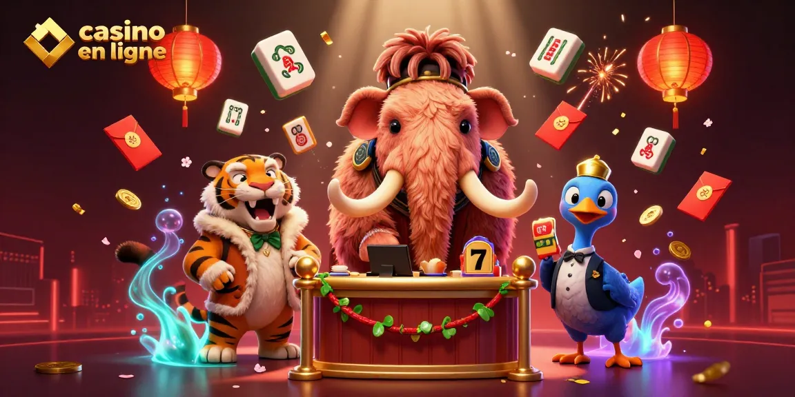 Le bouncer mammouth vérifiant les IDs au casino en ligne avec un tigre VIP et un doorman dodo, entouré de symboles de jeu.
