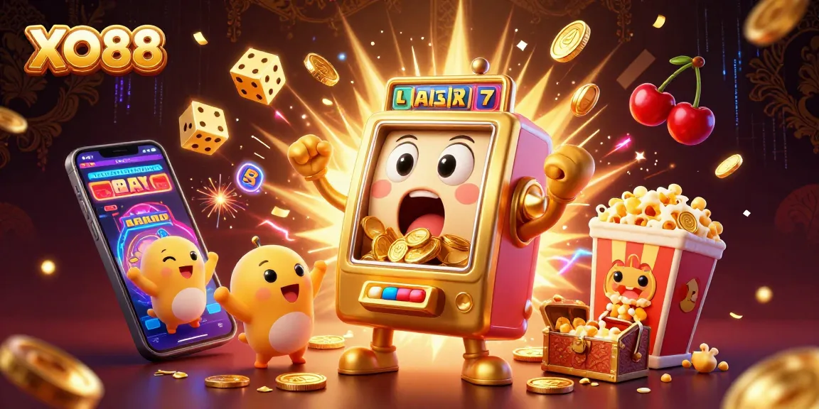 Experience the excitement of XO88 with a golden slot machine hitting a jackpot amidst cheering smaller machines and dynamic game elements.