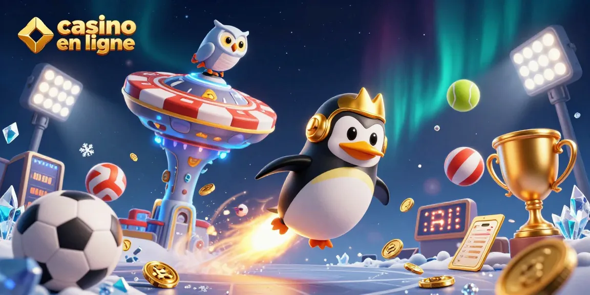 Des paris en ligne excitants au casino en ligne avec un pingouin doré propulsé par une fusée.