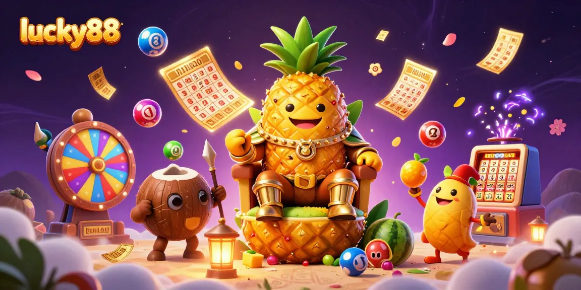 Experience the thrill of lucky88 with a vibrant beach casino scene featuring a pineapple king and lottery elements.