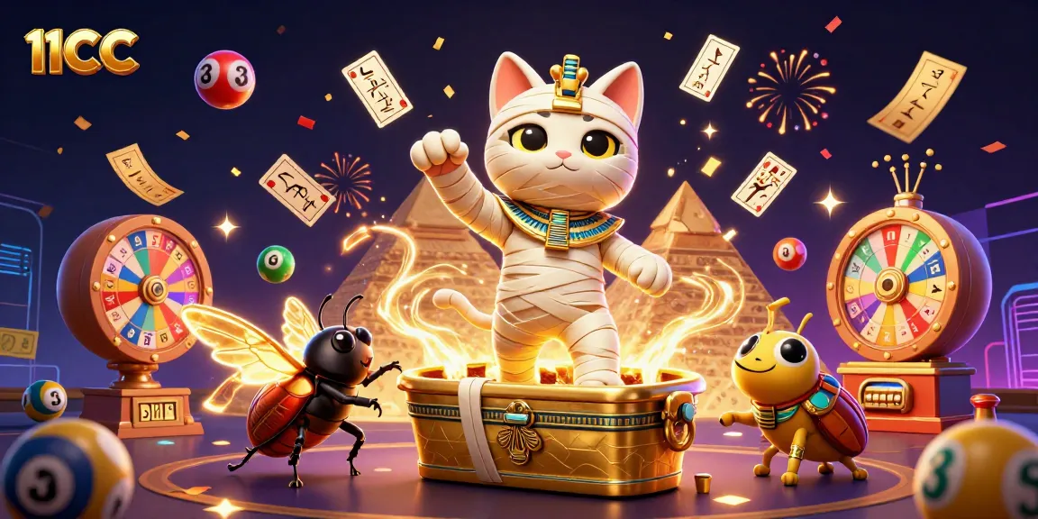 Experience thrilling gaming excitement with 11CC, featuring an Egyptian mummy and vibrant casino elements.