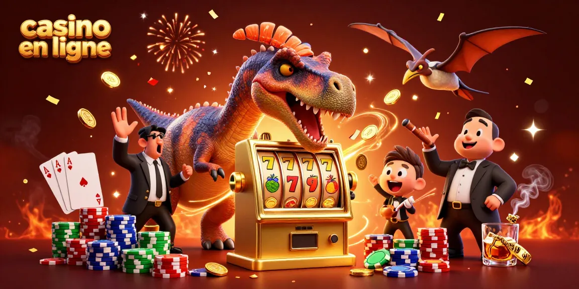 Casino en ligne : Illustration dynamique de dinosaures jouant aux machines à sous et attrapant des pièces d'or