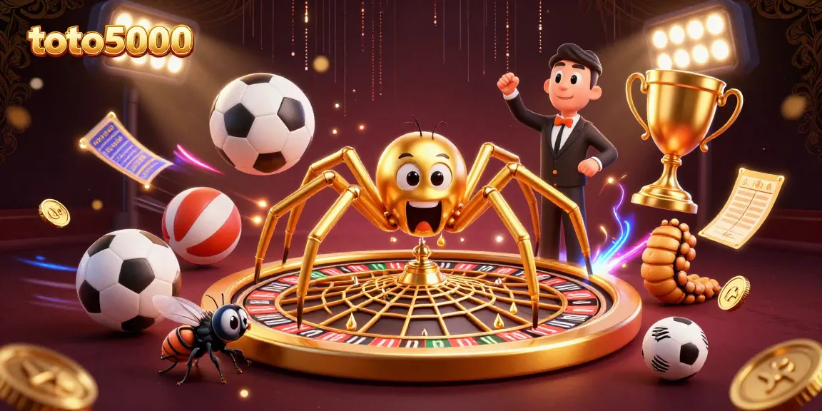 Engage in thrilling bets at toto5000 with a golden spider and centipede croupier spinning a roulette web.