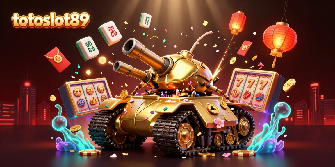 Experience the excitement of totoslot89, featuring a vibrant 3D cartoon golden beetle tank casino amidst confetti and glowing game elements.