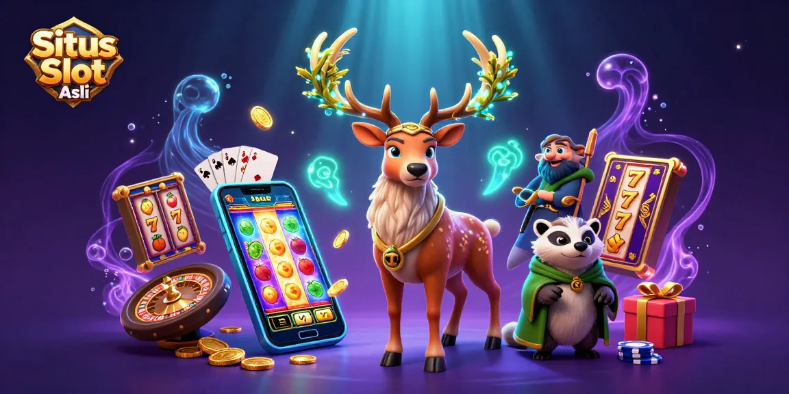 Situs Slot Asli menampilkan ilustrasi 3D dengan simbol slot, karakter ceria, dan efek ajaib yang memukau.
