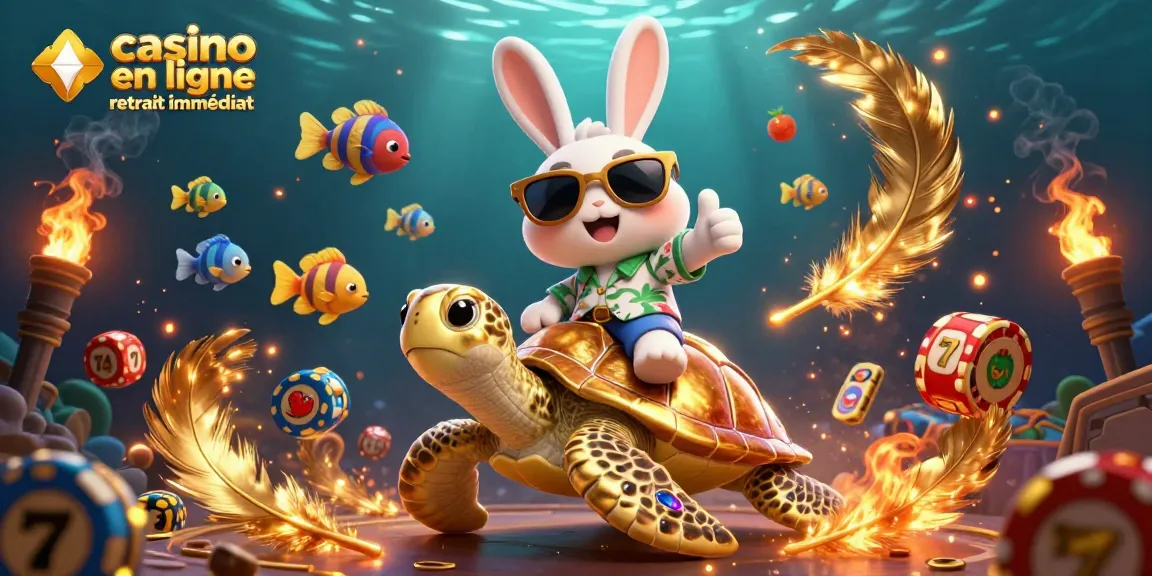 Illustration dynamique de casino en ligne retrait immédiat avec un lapin chanceux et une tortue en or.