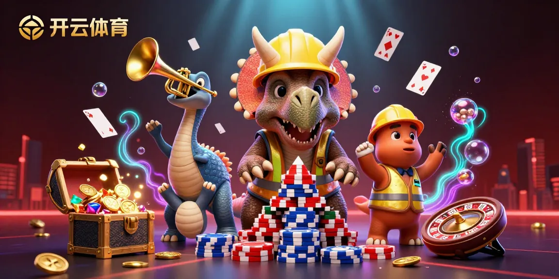 A dynamic scene showcasing 开云体育 with a 3D triceratops building poker chips among casino elements and cheering characters