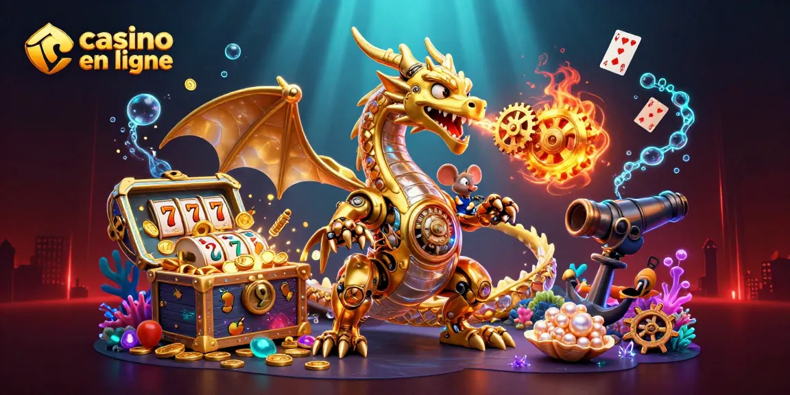 Vivez l’excitation des jeux de casino en ligne avec un dragon mécanique au cœur d’une scène animée.