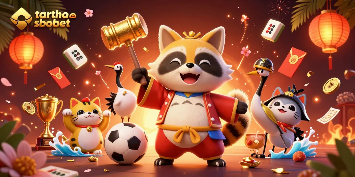 Explore taruhan bola sbobet with a vibrant scene of tanuki and friends showcasing sports betting excitement.
