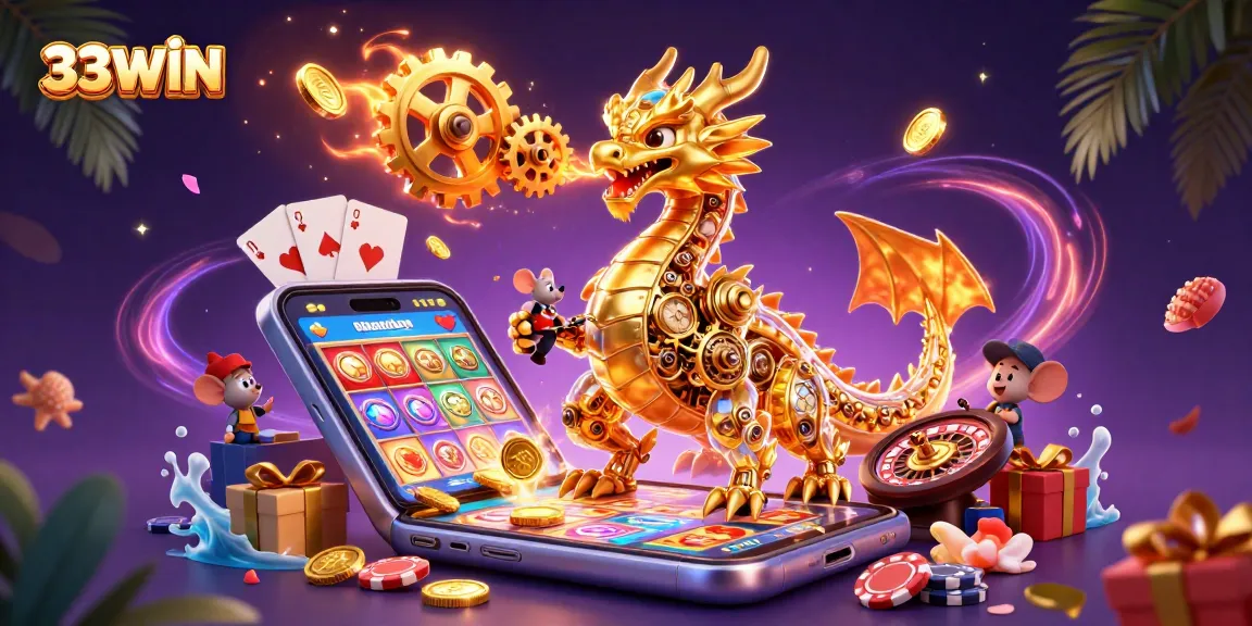 Engage in thrilling gameplay with 33WIN, featuring a magical dragon and dynamic casino elements.