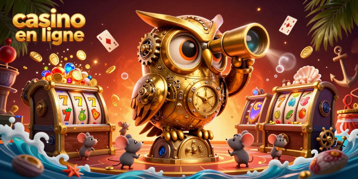 Illustration dynamique d'un casino en ligne animé avec un hibou doré et des souris jouant sous des machines à sous.