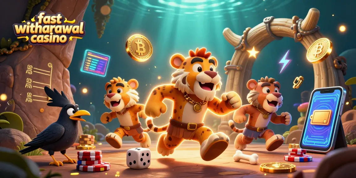 Engage in the fast withdrawal casino experience with a cartoon caveman duo and crypto elements.