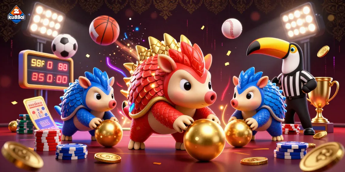 ku88ai features rival pangolins in a vibrant 3D illustration amidst flying sports elements and poker chips.