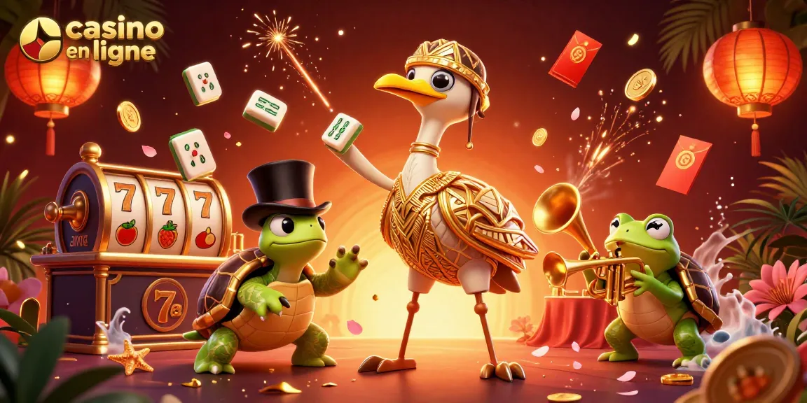Plongez dans l'action d'un casino en ligne avec un crâne art déco, une tortue chapeautée et une grenouille musicienne.