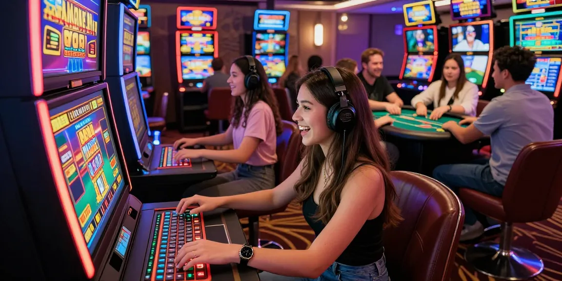 Scène de casino en ligne où une femme joue avec enthousiasme, entourée d'amis et de jeux interactifs, ambiance vibrante et énergique.