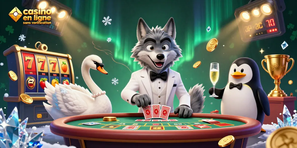 Jouez dans un casino en ligne sans vérification avec un loup élégant, un cygne et un pingouin servant du champagne.