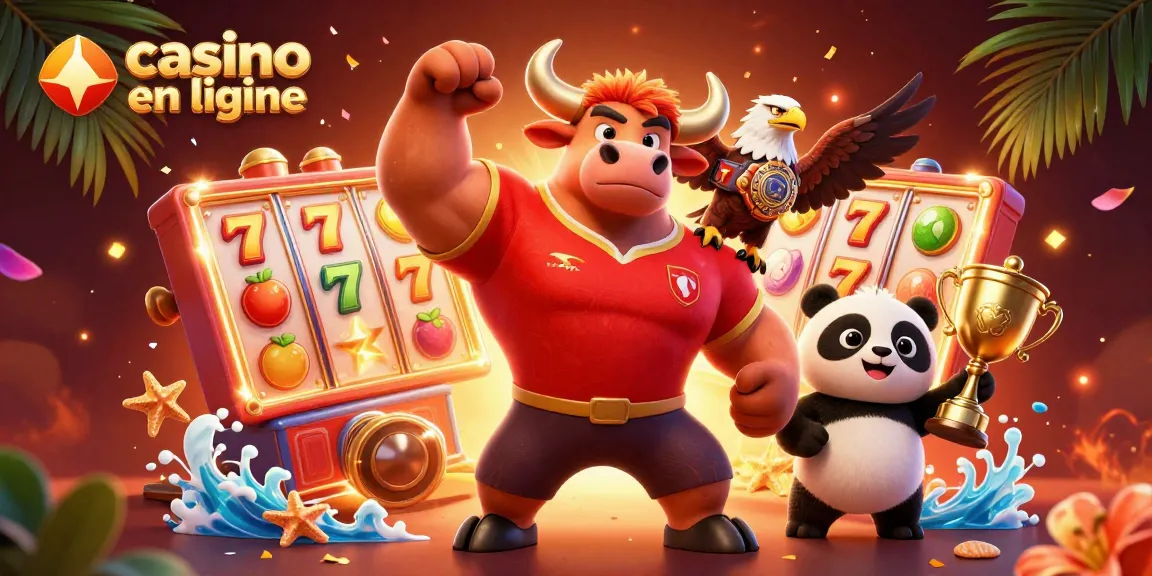 Scénario dynamique de casino en ligne avec bull, aigle et panda, célèbrent un jackpot doré.