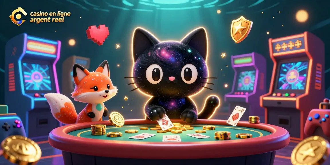 Jouer au casino en ligne argent réel avec un chat noir trou noir et un renard nébuleux dans une scène cosmique colorée.