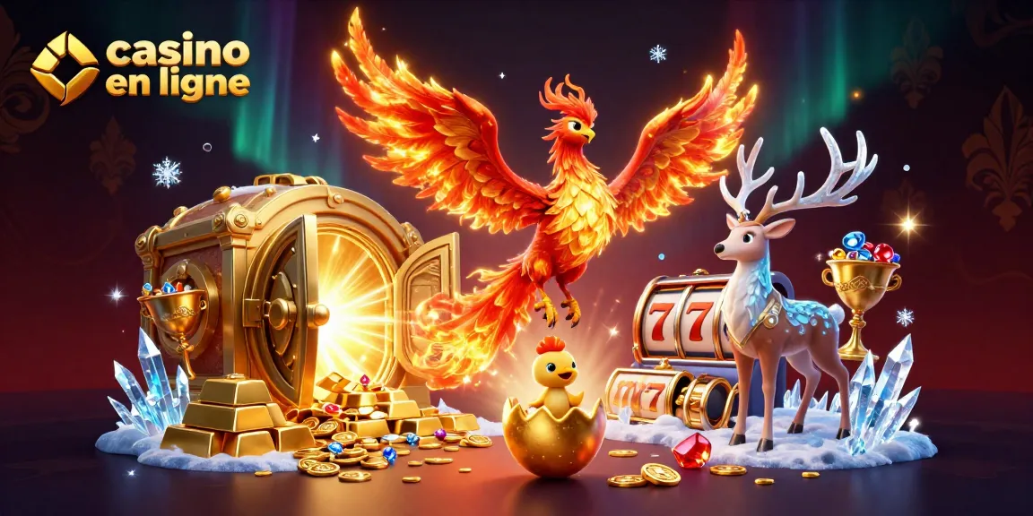 Illustration dynamique du casino en ligne avec un phénix, des pièces d'or et des rouleaux de machine à sous.