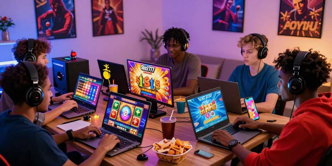A group of gamers enjoying slot777 in a cozy living room with colorful graphics and devices.