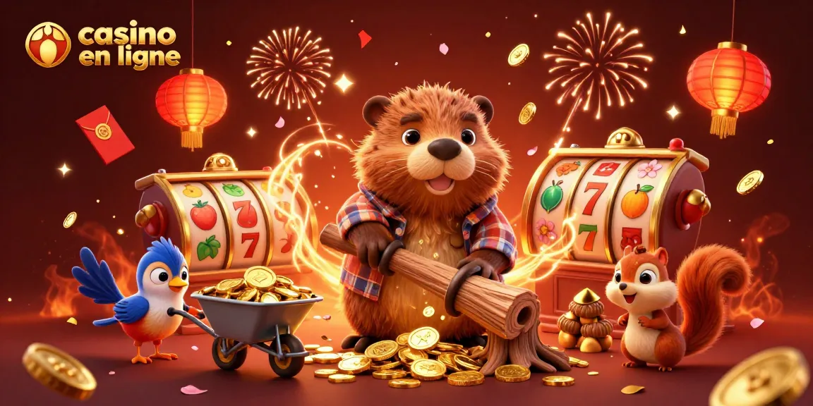 Image dynamique illustrant un casino en ligne avec un castor et des symboles de jeu.