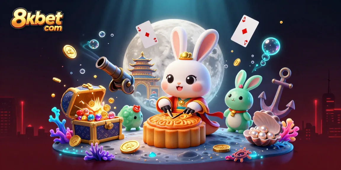 Bet on exciting adventures at 8xbet com with a vibrant 3D illustration of a rabbit revealing poker chips amidst treasure