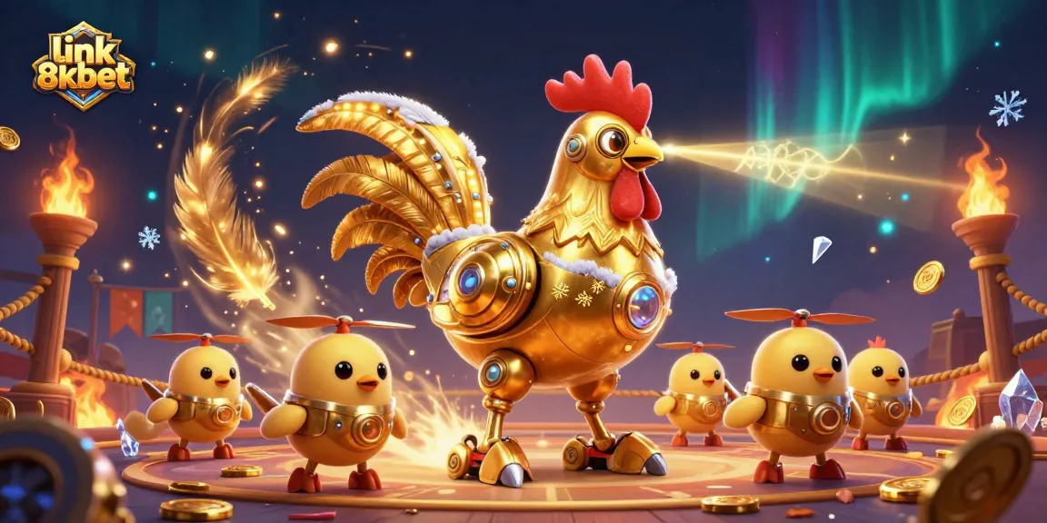 Engage in thrilling action with link 8xbet, featuring a golden rooster robot and dynamic gaming elements.