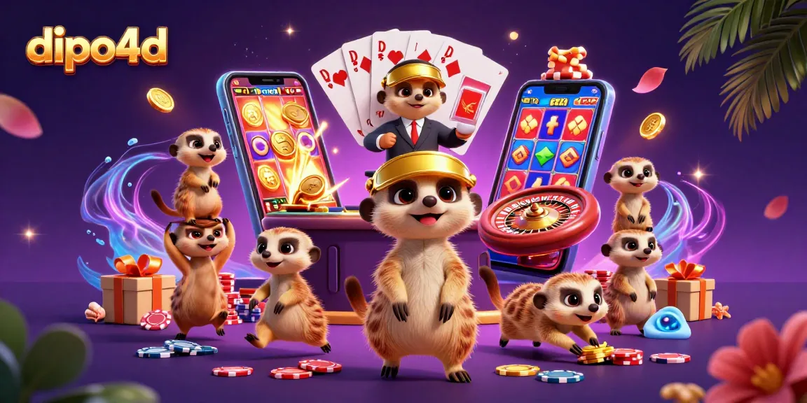 Engage with the dipo4d casino, featuring meerkats managing games, showcasing vibrant slot action.