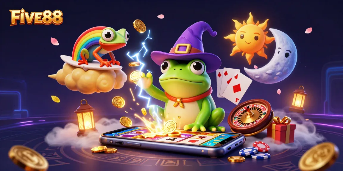 Experience the excitement of FIVE88 with a vibrant scene showcasing dynamic casino games and magical characters.