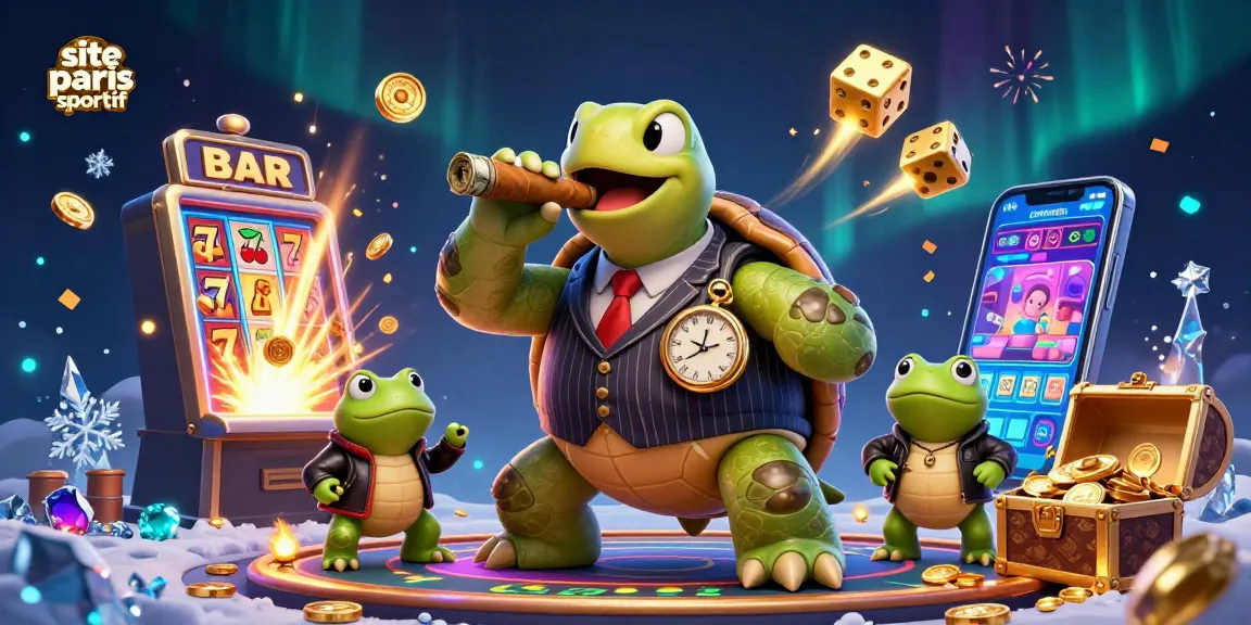 Visualisation ludique d'un site de paris sportif avec tortue et grenouilles, jackpot dynamique et éléments lumineux.