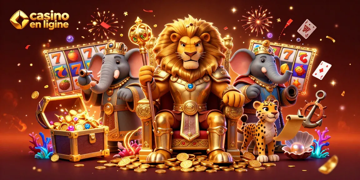 Plongez dans l'univers du casino en ligne avec cette illustration d'un roi lion assis sur un trône de pièces d'or entouré de symboles de machines à sous.