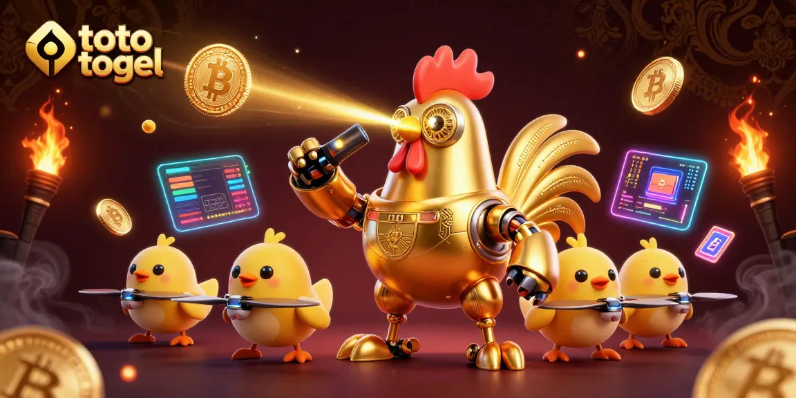 Menangkan toto togel dengan robot ayam emas futuristik dan drone bayi, dikelilingi elemen crypto yang mengesankan.
