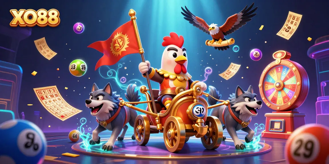 Experience thrilling wins with XO88's dynamic lottery adventure illustration featuring lively game elements.