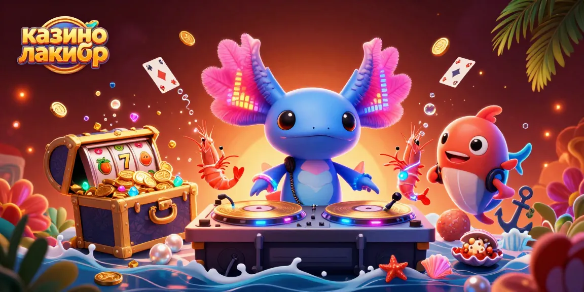 Spin the reels at казино лакибир with a vibrant underwater party scene featuring a DJ and dancing sea creatures.