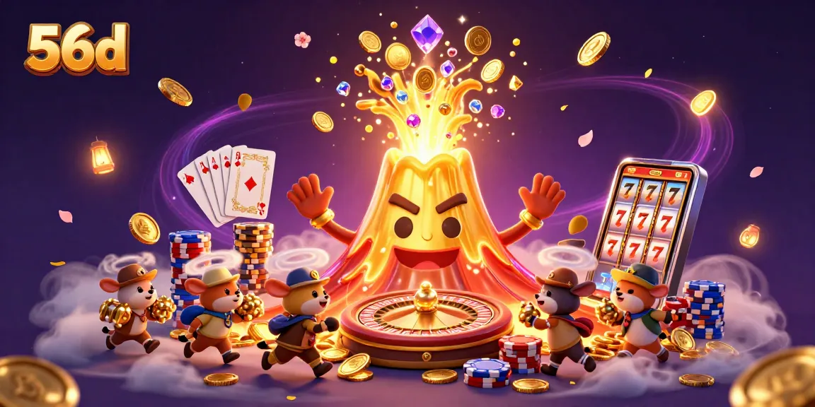 Engage with 56d's exciting casino world, overflowing with golden treasures and vibrant gaming elements.