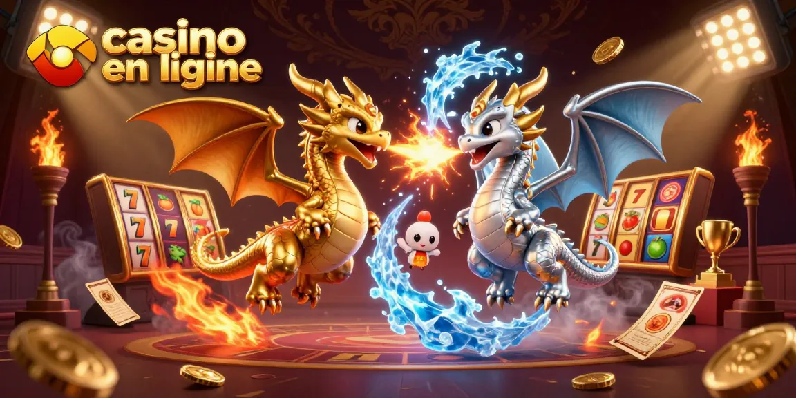 Images de dragons 3D avec des éléments de casino en ligne, affichant des gains possibles.
