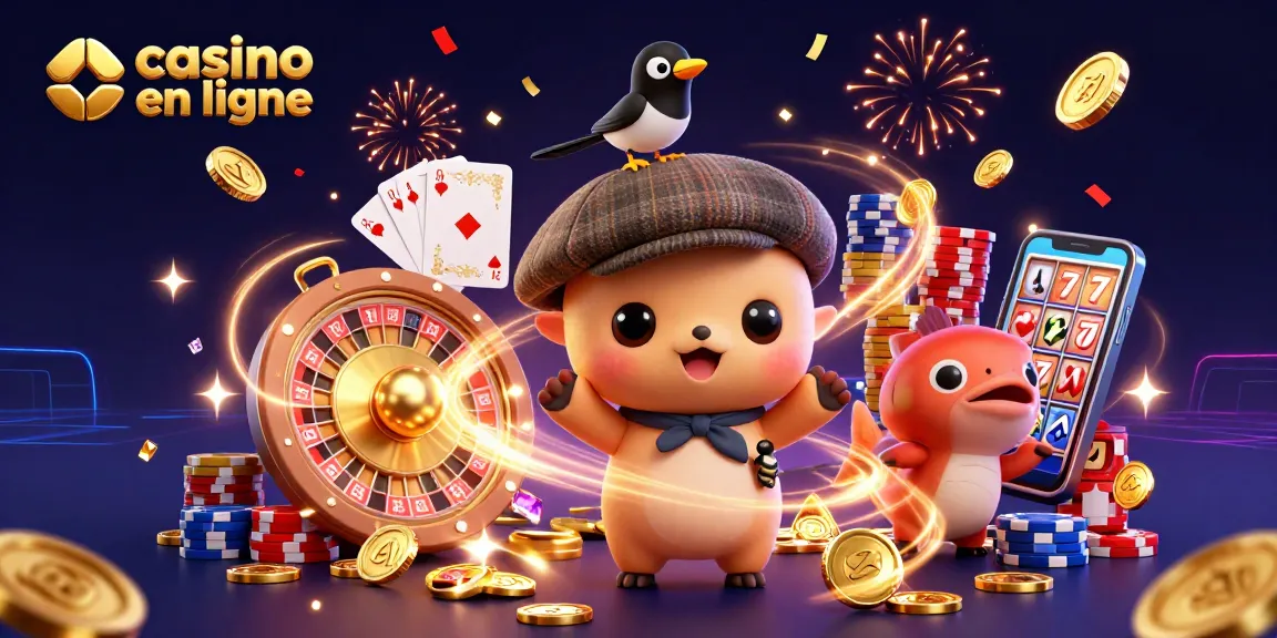 Illustration 3D dynamique du thème casino en ligne avec un bébé Nessie et un oiseau, ambiance festive.
