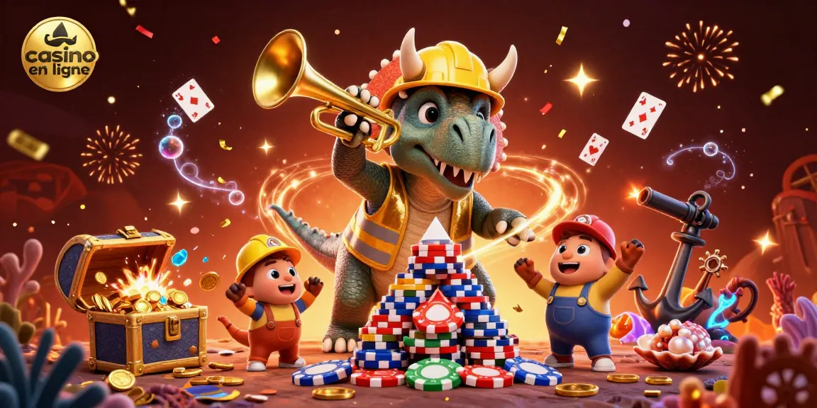 Les personnages de casino en ligne s'amusent avec des jetons de poker et des confettis colorés.