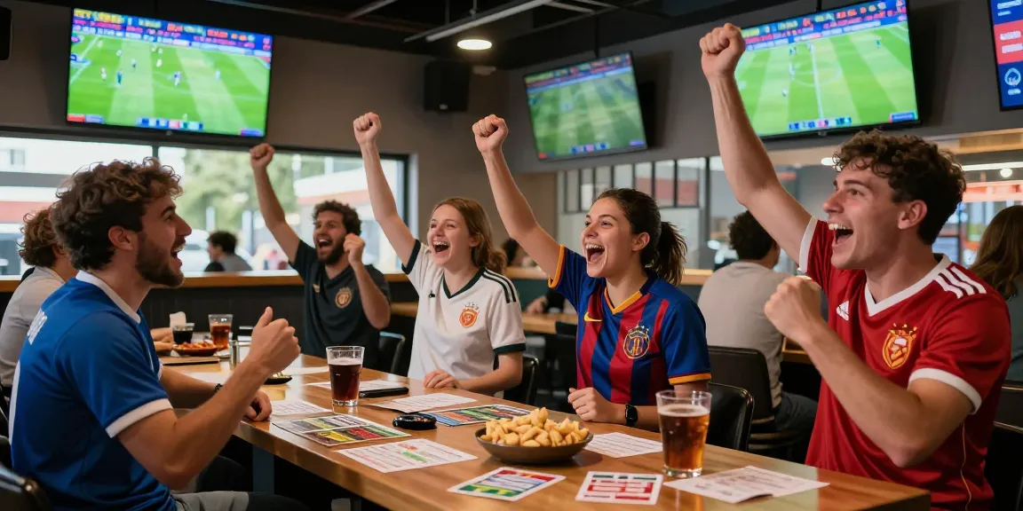 Fans celebrating while placing bets on tempototo in a lively sports bar during a major soccer event.