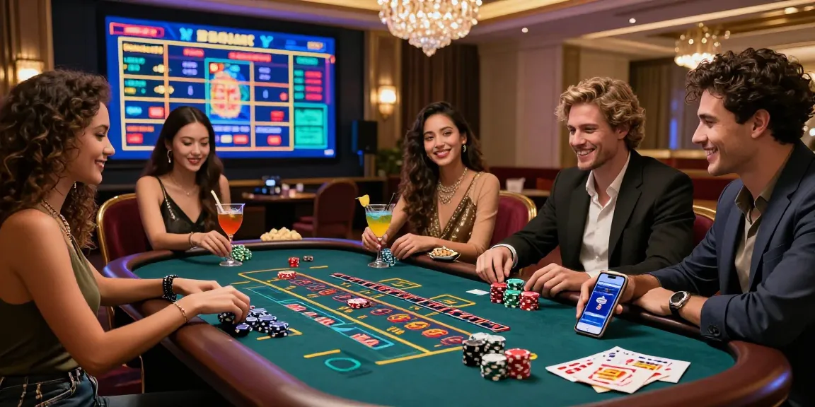 Ensemble d'amis jouant au casino en ligne, ambiance élégante avec des jeux et des cocktails.