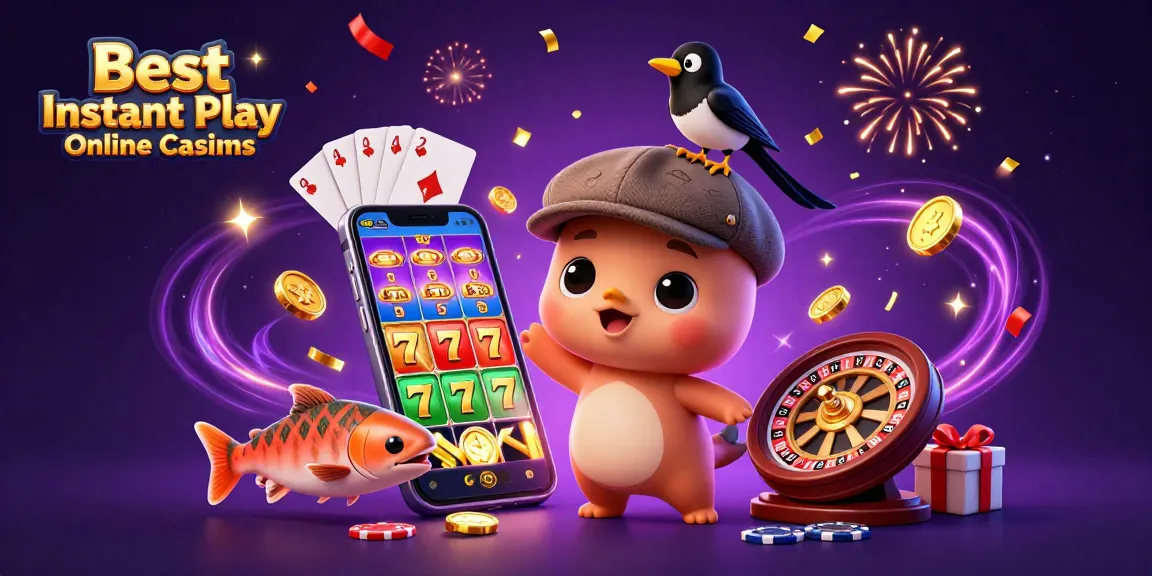 Play slots and win big at Best Instant Play Online Casinos with a colorful scene featuring Nessie and treasures.