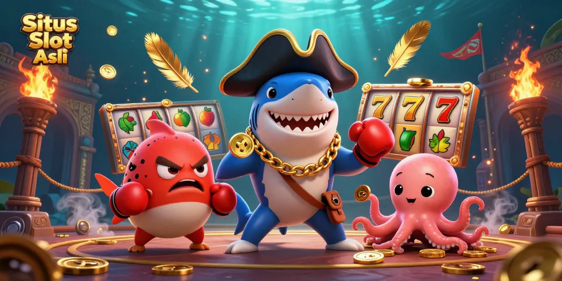 Gambarkan Situs Slot Asli dengan hiu bajak laut 3D, ikan puffer merah, dan bayi gurita bertema permainan slot.