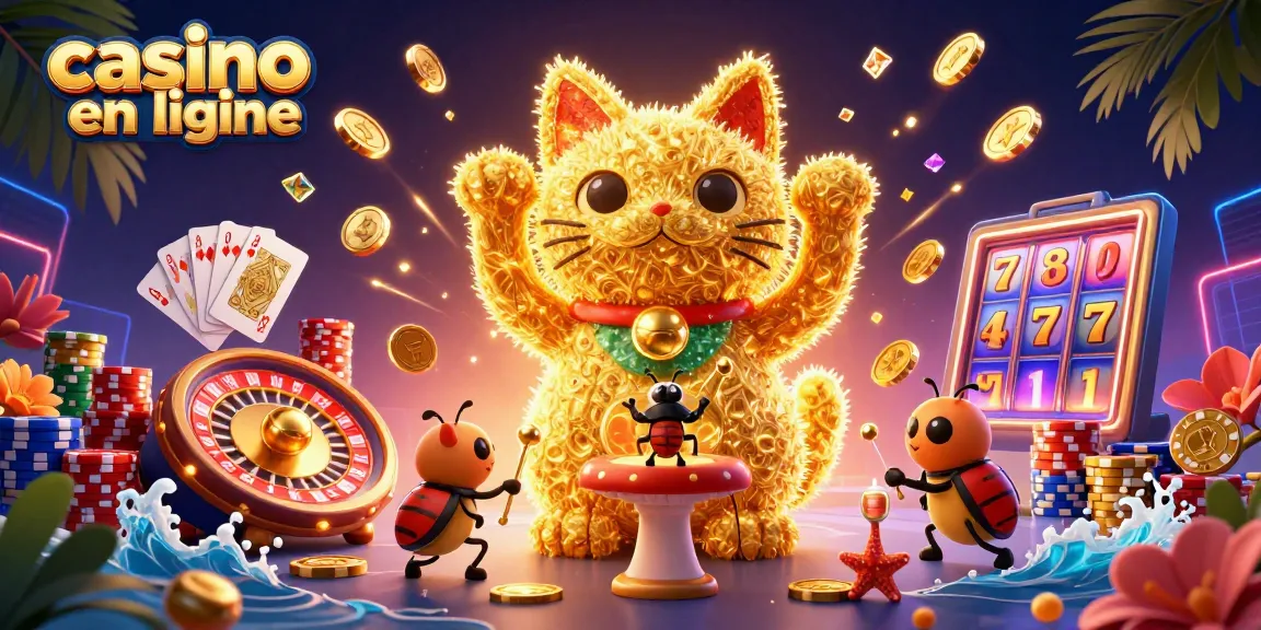 Jouez au casino en ligne avec le chat porte-bonheur entouré de pièces et de jetons.