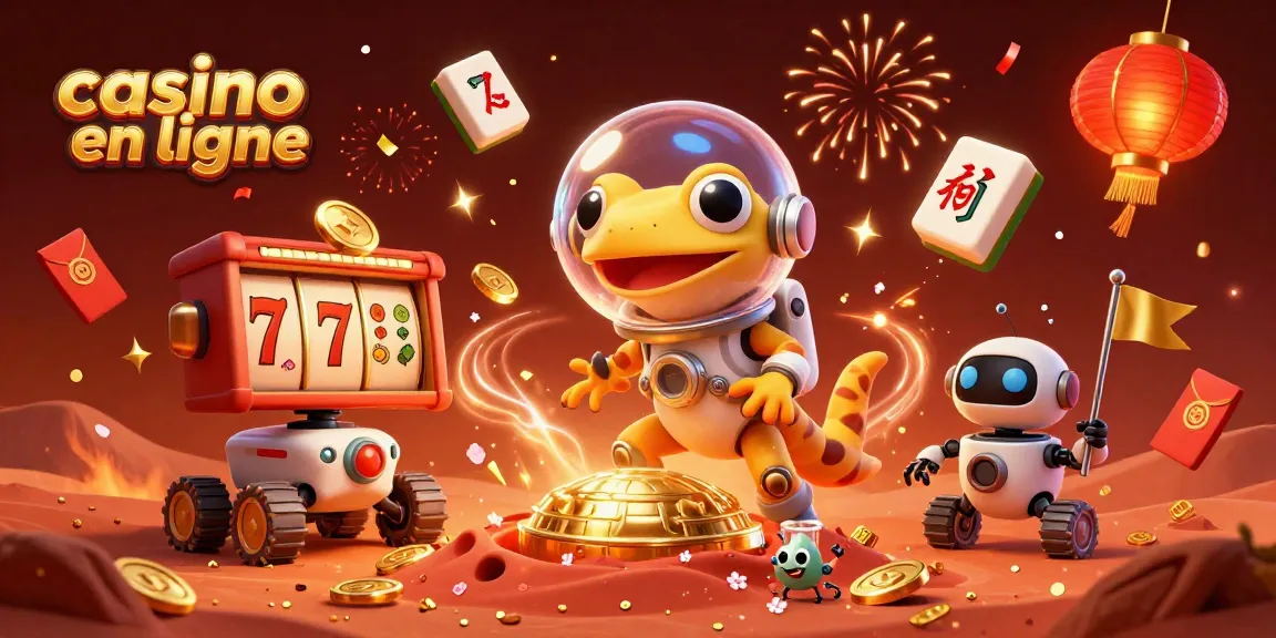Profitez du casino en ligne avec notre illustration dynamique d'un gecko martien et ses amis dans un monde de jeux.