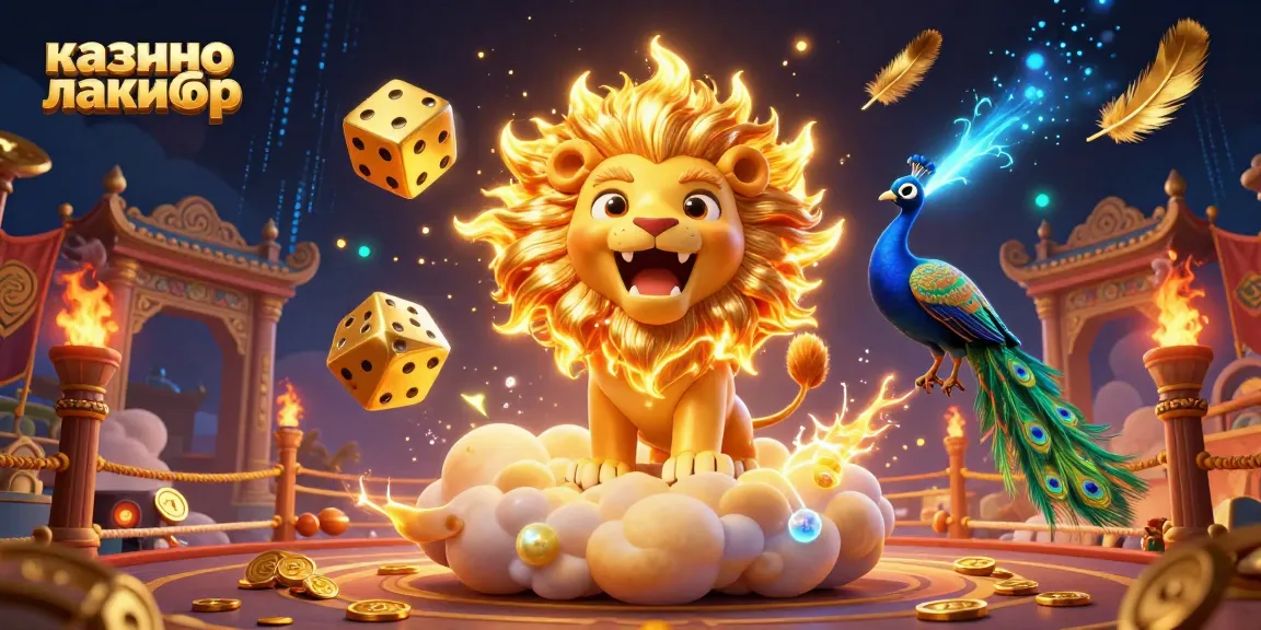 Engage with thrilling gameplay at казино лакибир, featuring an epic scene of a roaring lion and golden dice.