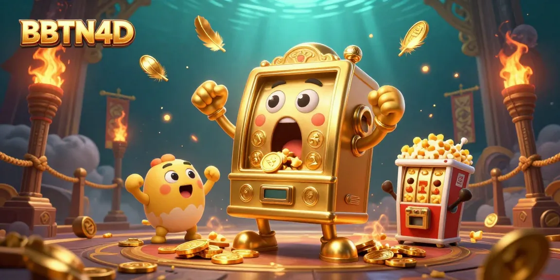 BBTN4D memperlihatkan mesin slot emas beraksi saat mendapatkan jackpot, dengan suasana kasino yang meriah.