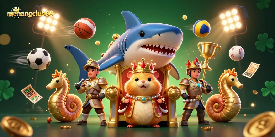 Experience the thrill of gaming action with menangclub88 in a vibrant, dynamic scene of royal characters and sports elements.