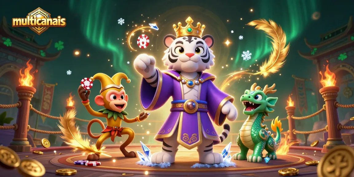 Experience dynamic betting with multcanais featuring a vibrant scene of a white tiger, monkey, and dragon.